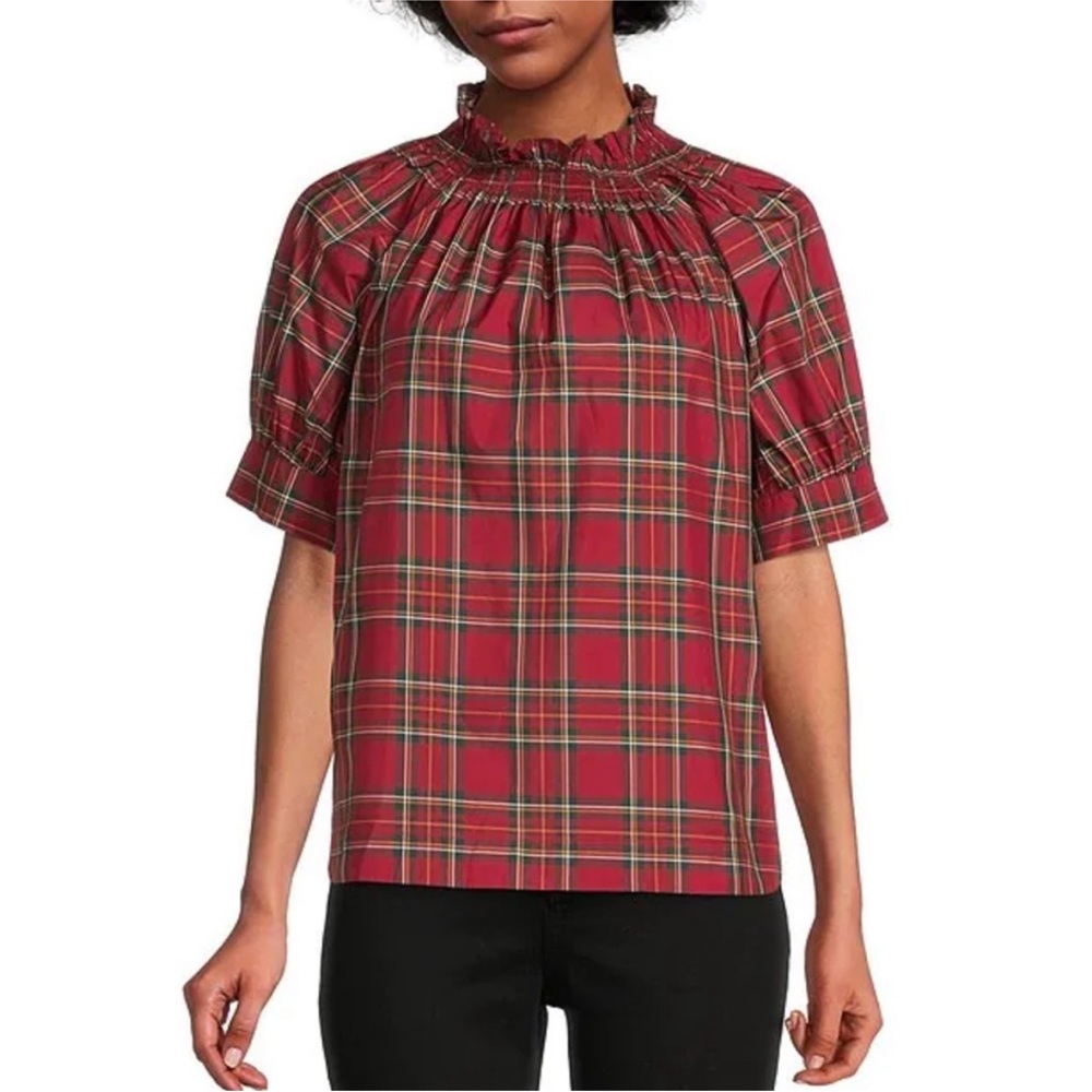 Antonio Melani Frieda Plaid Print Taffeta Short Puffed Sleeve Smocked Blouse